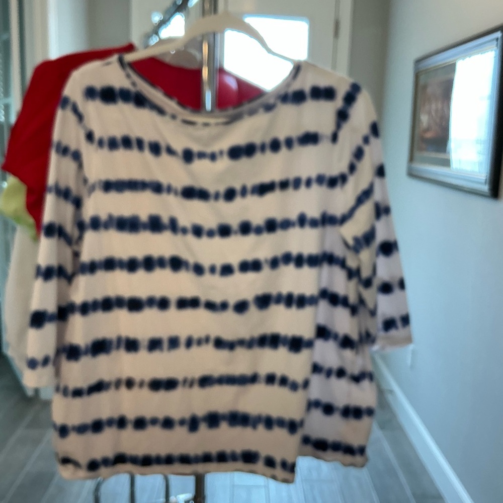 Talbots White and Navy Blue Striped Tie-Dye Knit Top
